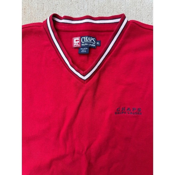 VTG Chaps Ralph Lauren Sweater Mens XL Red V-Neck Knit Pullover Preppy Collegiat - Picture 4 of 8